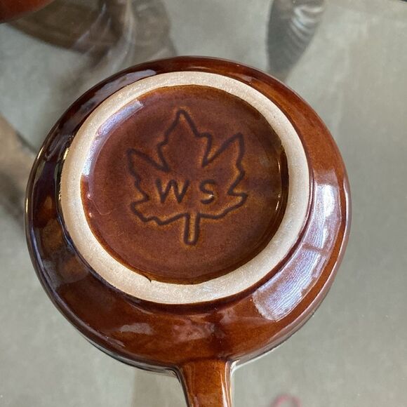 Vintage Western Stoneware Pottery Set Of 6 Brown Drip Chili Soup Mug Maple Leaf - Picture 8 of 10